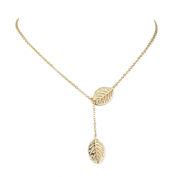 Brass Leaf Pendant Lariat Necklaces, with 304 Stainless Steel Cable Chains, Golden, 17.91 inch(455mm)