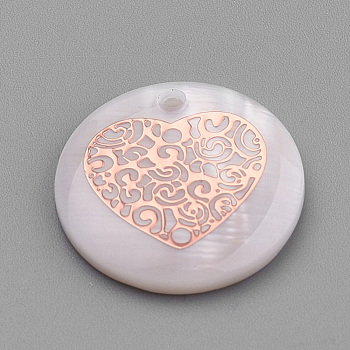 Freshwater Shell Pendants, with Iron Findings, Flat Round with Heart, Rose Gold, Seashell Color, 16x3mm, Hole: 1mm