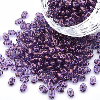 Transparent Czech Glass Seed Beads, Colours Luster, 2-Hole, Oval, Medium Purple, 5x3.5x2.5mm, Hole: 0.9mm, about 500g/bag