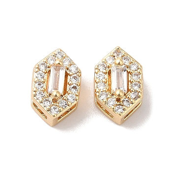 Brass Micro Pave Clear Cubic Zirconia Beads, Hexagon, Real 18K Gold Plated, 8x5x4mm, Hole: 1x4mm