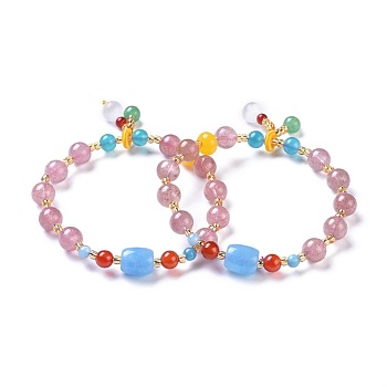 Natural Jade Stretch Charm Bracelets, Dyed, with Strawberry Quartz & Beeswax Beads, Acrylic Findings, Plum, 2-1/8 inch(5.4cm)