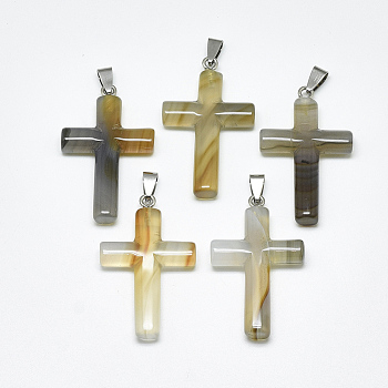 Natural Grey Agate Pendants, with Stainless Steel Snap On Bails, Cross, Stainless Steel Color, 44~46x28x8mm, Hole: 3~4x7~8.5mm
