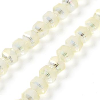 Electroplate Transparent Glass Beads Strands, Frosted, Rainbow Plated, Faceted, Lantern, Light Yellow, 7x7.8x7.5mm, Hole: 1.5mm, about 72pcs/strand, 20.79''(52.8cm)
