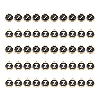 Golden Plated Alloy Charms, with Enamel, Enamelled Sequins, Flat Round, Black, Letter.Z, 14x12x2mm, Hole: 1.5mm, 50pcs/Box