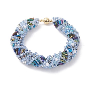 TOHO Japanese Seed & Lampwork Beaded Bracelet with Brass Magnetic Clasps, Crochet Nepal Rope Bracelet for Women, Light Steel Blue, 6-1/4~7-3/4 inch(16~19.8cm)