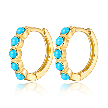 925 Sterling Silver Hoop Earrings, with Synthetic Turquoise Beads, Golden, 2mm