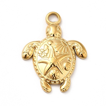 Ion Plating(IP) 201 Stainless Steel Pendants, Tortoise with Starfish Charms, Real 18K Gold Plated, 23.5x18x3mm, Hole: 3mm