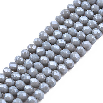 Electroplate Glass Beads Strands, Pearl Luster Plated, Faceted, Rondelle, Dark Gray, 6x5mm, Hole: 1mm, about 84~85pcs/strand, 41.5~42cm