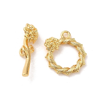 Brass Toggle Clasp, Flower, Real 18K Gold Plated, Ring: 17.5x16.5x4mm, Hole: 1.6mm; Bar: 22x8x8mm, hole: 1.8mm