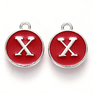 Platinum Plated Alloy Enamel Charms, Cadmium Free & Lead Free, Enamelled Sequins, Flat Round with Letter, Red, Letter.X, 14x12x2mm, Hole: 1.5mm(ENAM-S118-03X-P)