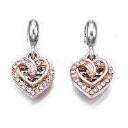 Rack Plating Alloy European Dangle Charms, with Rhinestone, Large Hole Pendants, Cadmium Free & Nickel Free & Lead Free, Platinum & Rose Gold, Heart with Word, Crystal, 24mm, Hole: 5mm, Heart: 13.5~14x12~14x1.5~2mm(MPDL-N039-059)