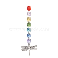 Glass Octagon Beaded Hanging Ornaments, Brass Charm for Home Outdoor Decoration, Dragonfly, 271mm(HJEW-JM01760-04)