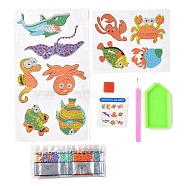 DIY Ocean Theme Diamond Painting Stickers Kits For Kids, with Diamond Painting Stickers, Rhinestones, Diamond Sticky Pen, Tray Plate and Glue Clay, Mixed Color, 26.4x14.4x0.03cm(DIY-O016-21)
