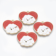 Alloy Enamel Pendants, Cadmium Free & Lead Free, Heart with White Dog, Light Gold, Red, 26x31x1.5mm, Hole: 2mm(X-ENAM-T011-04KC-RS)