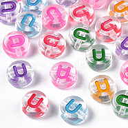 Transparent Clear Acrylic Beads, Horizontal Hole, Flat Round with Mixed Color Letter, Letter.U, 7x3.5mm, Hole: 1.2mm, about 3700pcs/500g(MACR-N008-56U)