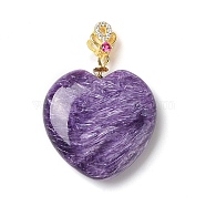 Natural Charoite Pendants, Heart Charms with Golden Tone 925 Sterling Silver Rhinestone Findings, 25.5x22x7mm, Hole: 4x2mm(G-P501-05G)