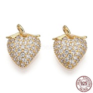 925 Sterling Silver Micro Pave Cubic Zirconia Charms, with S925 Stamp, Strawberry Charms, Nickel Free, Real 18K Gold Plated, 12x9.5x6mm, Hole: 1.4mm(STER-T004-60G)