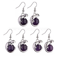 Natural Amethyst Chameleon Dangle Earrings with Crystal Rhinestone, Platinum Brass Jewelry for Women, 39mm, Pin: 0.7mm(EJEW-A092-10P-07)