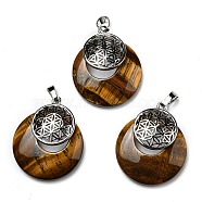 Natural Tiger Eye Pendants, Spiritual Charms, with Platinum Tone Brass Findings, Flat Round with Flower of Life/Sacred Geometry, 32~32.5x28~30x7~7.5mm, Hole: 5x8mm(KK-F751-M-A09)