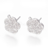 Brass Stud Earring Findings, with Cubic Zirconia and Loop, Flower, Clear, Platinum, 11x9.5mm, Hole: 1mm, Pin: 0.8mm(ZIRC-O034-18P)