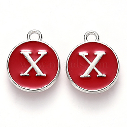 Platinum Plated Alloy Enamel Charms, Cadmium Free & Lead Free, Enamelled Sequins, Flat Round with Letter, Red, Letter.X, 14x12x2mm, Hole: 1.5mm(ENAM-S118-03X-P)