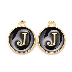 Golden Plated Alloy Charms, Cadmium Free & Lead Free, with Enamel, Enamelled Sequins, Flat Round with Letter, Black, Letter.J, 14x12x2mm, Hole: 1.5mm(ENAM-S118-02J)