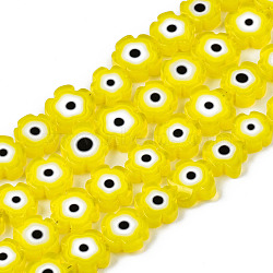 Handmade Lampwork Beads Strands, Flower with Evil Eye, Yellow, 7~9x7~9x3mm, Hole: 0.8mm, about 50~52pcs/strand, 14.57 inch~15.35 inch(37~39cm)(LAMP-N023-002A-09)