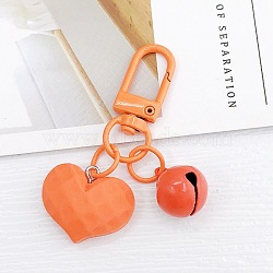 Acrylic Pendants Keychain, with Spray Painted Alloy Findings, Heart & Bell, Coral, 6cm(HEAR-PW0001-158A)
