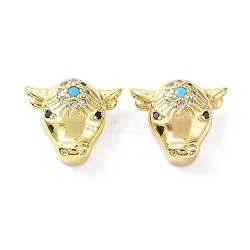 Rack Plating Brass Micro Pave Cubic Zirconia Beads, Long-Lasting Plated, Bull Head, Real 18K Gold Plated, 9.5x11x5mm, Hole: 1.6mm(KK-C029-04G)