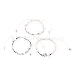 Adjustable Nylon Cord Braided Bead Bracelets Sets, with Glass Seed Beads, Brass Round Beads and Brass Micro Pave Clear Cubic Zirconia Cross Beads, WhiteSmoke, Inner Diameter: 2-1/4~ 4-1/8 inch (5.6~10.5cm), 3pcs/set.(BJEW-JB05735-03)