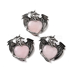 Natural Rose Quartz Pendants, Heart Charms, with Rack Plating Antique Silver Tone Alloy Dragon Findings, 51~52.5x55x10.5~11mm, Hole: 7x4.5mm(G-A207-03AS-06)
