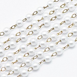 Handmade ABS Plastic Imitation Pearl Beaded Chains, Soldered, with Brass Chain, Raw(Unplated), 3mm(CHC-I026-G-01C)