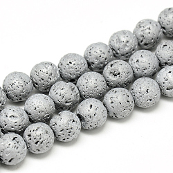 Electroplate Natural Lava Rock Beads Strands, Matte Style, Round, Platinum Plated, 6~7mm, Hole: 1mm, about 60pcs/strand, 14.7~15.1 inch(X-G-T058-03I-6MM)