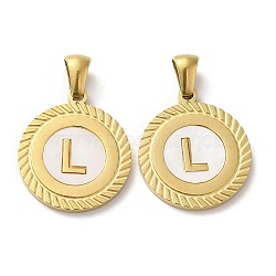 Ion Plating(IP) 304 Stainless Steel Pendants, Flat Round Shell Charms with Letter, Golden, Letter L, 20.5x17.5x1.5mm, Hole: 2.5x4.5mm(STAS-I204-L-G)