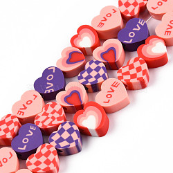 Handmade Polymer Clay Beads Strands, Heart with Tartan & Word Love Pattern, Light Salmon, 9~10x9.5~10.5x4~4.5mm, Hole: 1.6mm, about 40pcs/strand, 15.35 inch(39cm)(CLAY-N010-084A)