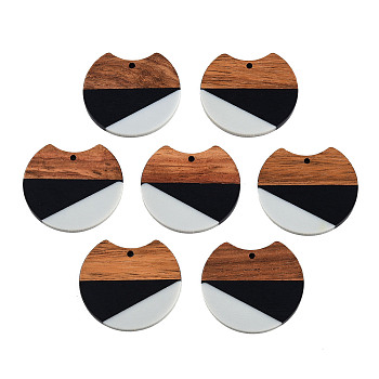 Tri-color Resin & Walnut Wood Pendants, Gap Flat Round, Black, 34x36.5x3.5mm, Hole: 2mm