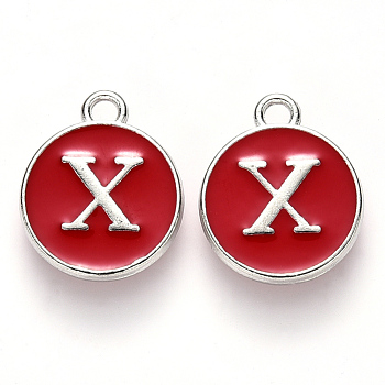 Platinum Plated Alloy Enamel Charms, Cadmium Free & Lead Free, Enamelled Sequins, Flat Round with Letter, Red, Letter.X, 14x12x2mm, Hole: 1.5mm
