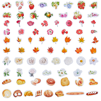 5 Sets 5 Styles PVC Plastic Bottle Self Adhesive Decorative Stickers, Waterproof Decals for Scrapbooking, DIY Craft, Bread & Flower & Maple Leaf & Fruit Pattern, Mixed Patterns, 16~141x23~90x0.1mm, 1 set/style