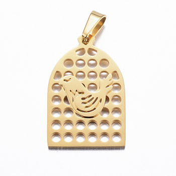 Ion Plating(IP) 304 Stainless Steel Pendants, Bird and Birdcage, Golden, 24x15x1.2mm, Hole: 6x3mm