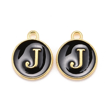 Golden Plated Alloy Charms, Cadmium Free & Lead Free, with Enamel, Enamelled Sequins, Flat Round with Letter, Black, Letter.J, 14x12x2mm, Hole: 1.5mm