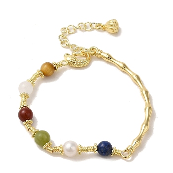 Brass Bamboo Link Bracelet, Natural Pearl & Mixed Gemstone Beaded Bracelet, Real 14K Gold Plated, 6-3/8 inch(16.2cm)