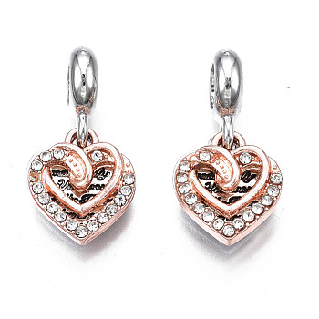 Rack Plating Alloy European Dangle Charms, with Rhinestone, Large Hole Pendants, Cadmium Free & Nickel Free & Lead Free, Platinum & Rose Gold, Heart with Word, Crystal, 24mm, Hole: 5mm, Heart: 13.5~14x12~14x1.5~2mm