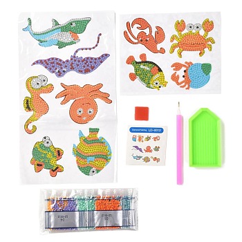 DIY Ocean Theme Diamond Painting Stickers Kits For Kids, with Diamond Painting Stickers, Rhinestones, Diamond Sticky Pen, Tray Plate and Glue Clay, Mixed Color, 26.4x14.4x0.03cm