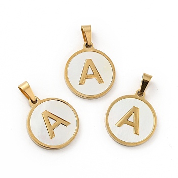 PVD Vacuum Plating 304 Stainless Steel with White Shell Pendants, Golden, Flat Round with Letter Charm, Letter.A, 18x16x1.5mm, Hole: 3x6mm