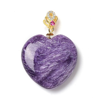 Natural Charoite Pendants, Heart Charms with Golden Tone 925 Sterling Silver Rhinestone Findings, 25.5x22x7mm, Hole: 4x2mm
