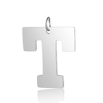 201 Stainless Steel Pendants, Letter, Stainless Steel Color, Letter.T, 30x27x1.5mm, Hole: 4.5mm