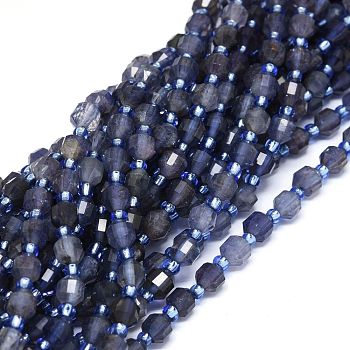 Natural Iolite Beads Strands, with Seed Beads, Faceted, Bicone, Double Terminated Point Prism Beads, 5~7x6mm, Hole: 0.8mm, about 48pcs/strand, 15.55 inch(39.5cm)