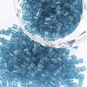 Grade A Glass Seed Beads, Hexagon(Two Cut), Transparent Colours, Steel Blue, 1.5~2.5x1.5~2mm, Hole: 0.8mm, about 2100pcs/bag, 450g/bag