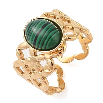 Oval Natural Malachite Finger Rings, Ion Plating(IP) 304 Stainless Steel Hollow Wide Cuff Rings for Women, Soldered, Real 14K Gold Plated, Oval: 11.5x9.5mm, Adjustable