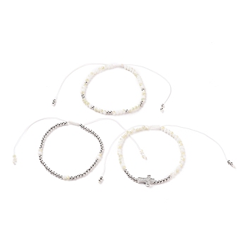 Adjustable Nylon Cord Braided Bead Bracelets Sets, with Glass Seed Beads, Brass Round Beads and Brass Micro Pave Clear Cubic Zirconia Cross Beads, WhiteSmoke, Inner Diameter: 2-1/4~ 4-1/8 inch (5.6~10.5cm), 3pcs/set.